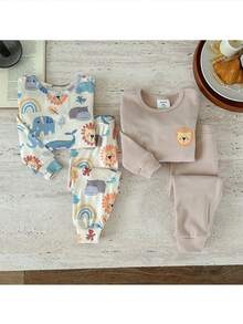 Pixure   Snug Fit 4pcs Baby Boy Knitted Cute Animal Pattern Round Neck Bodysuit & Pants Pajama Set, Toddler Sleep Wear Pajama Baby Set Neutral Baby Clothes Unisex - Multicolor - View 4