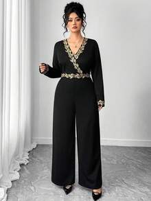 Elenzga 大码女式优雅长袖金色蕾丝拼接收腰直筒连体裤，适合日常通勤、派对、夜店穿着 - 黑色 - 查看 5