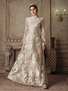 Anewsta 女士新款优雅喇叭长袖刺绣连衣裙，杏色/香槟色，适合派对、生日、情人节等场合 - 杏色 - 查看 6