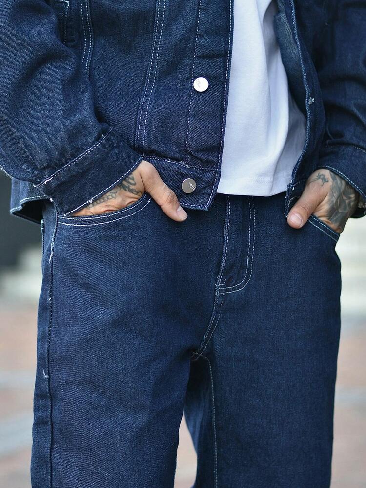 Devon Thys Men's Fashionable Casual Street Style Denim Jacket, Versatile Young Streetwear College Jacket, Fall - Dark Wash - View 6