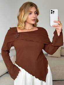 Modelyn Women's Square Neck Flare Sleeve Floral Decor Fitted Irregular Hem Versatile Plus Size T-Shirt - Brown - View 6