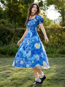 SHEIN MOD 1pc 女士梵高“星夜”印花蓝色连衣裙（不含白色内衬衬裙），复古宫廷风泡泡袖，艺术系列