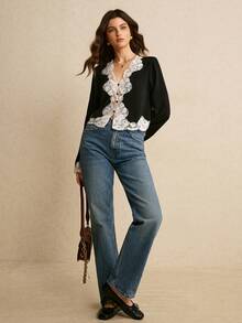 Poéselle 女士优雅通勤撞色蕾丝拼接衬衫，优雅女式衬衫，休闲女装，新年女装，适合日常穿着、外出、秋冬通勤 - 黑與白 - 查看 3