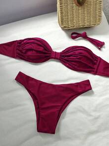 Swim Vcay Bộ 2 chiếc/Bộ đồ bơi gợi cảm dây thừng trang trí màu trơn áo bikini bandeau và quần cắt cao, xuân/hè - Màu Đỏ Sâu - Xem 1