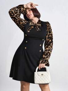 Chikora 大码豹纹拼接双排扣领带优雅长袖连衣裙 - 彩色 - 查看 3