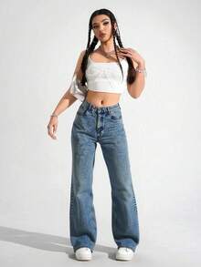 Pantalones Vaqueros Anchos con Cintura Elástica y Diseño Patchwork, Confortables y Estilosos para Mujer - Denim de color primario - Ver 3