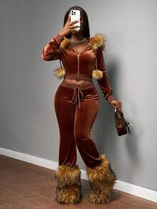 Slaydiva 2025秋冬新款音乐节、假日、西部、游牧风格休闲两件套 - 拉链抓绒领外套 + 直筒裤，芥末绿，臀部字母刺绣，天鹅绒 - 芥末黃 - 查看 2