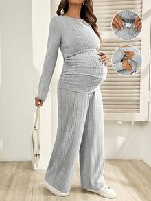 SHEIN Maternity Clothes Nursing Two-Piece Set Spring And Summer Pregnant Clothes Gray Maternity Two-Piece Set: Top + Straight-Leg Maternity Pants - Slim Fit, Soft, Comfortable, And Casual - Grey - View 6