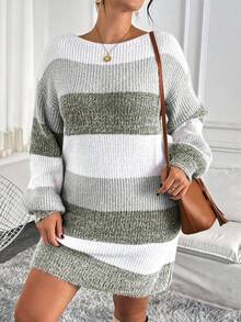 EMERY ROSE Rochie de damă de mărime mare, multicoloră, cu guler tip barcă, mânecă felinar, pufoasă, caldă, casual, lejeră, versatilă pentru purtare zilnică, pentru Ziua Recunoștinței