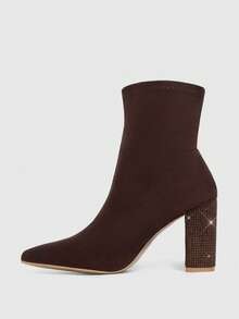 CUCCOO SZL Women's Fashionable Versatile Commuter Rhinestone Decor Chunky High Heel Ankle Boots For Christmas - Coffee Brown - View 8