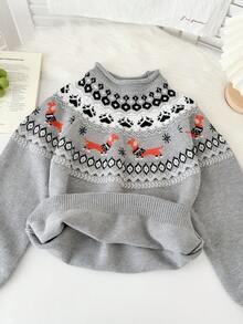 Genkimix Kids Tween Girls' Casual Dachshund & Geometric Pattern Sweater, Autumn/Winter - Grey - View 3