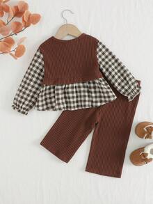 Cozy Pixies 2 pièces Ensemble Top à manches longues col rond avec nœud décoratif et pantalon droit à taille élastique pour bébé fille en patchwork à carreaux - Tabac - Voir 2