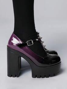 ROMWE Goth Women's Punk Style Ombre Thick Sole Fashion Buckle Design High Heels For Christmas - Purple - View 4