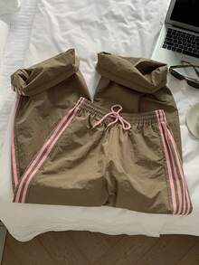 Comfortcana 女士棕色侧条纹松紧腰休闲宽松运动裤 - 彩色 - 查看 3