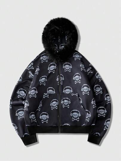 ROMWE MEN Street Life Men's Skull Print Zip Front Hooded Sweatshirt With Fur Collar, Casual