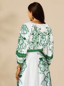 CAJUNI 女士度假休闲热带花卉印花长灯笼袖黑色圆领短款衬衫，女士长袖衬衫，女士度假装 - 綠色 - 查看 2