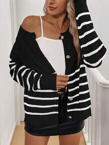 EMERY ROSE 新款宽松条纹圆领针织开衫，宽松舒适，版型显瘦，柔软舒适套头毛衣 - 黑色 - 查看 6