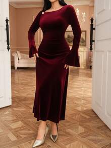 DAZY Đầm dự tiệc tay loe màu trơn thanh lịch dành cho nữ đón Giáng sinh năm mới - Màu Đỏ Sâu - Xem 3