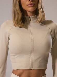 Musera Sport 撞色缝线短款长袖运动夹克，适合板网球、网球、匹克球健身 - 米色 - 查看 2