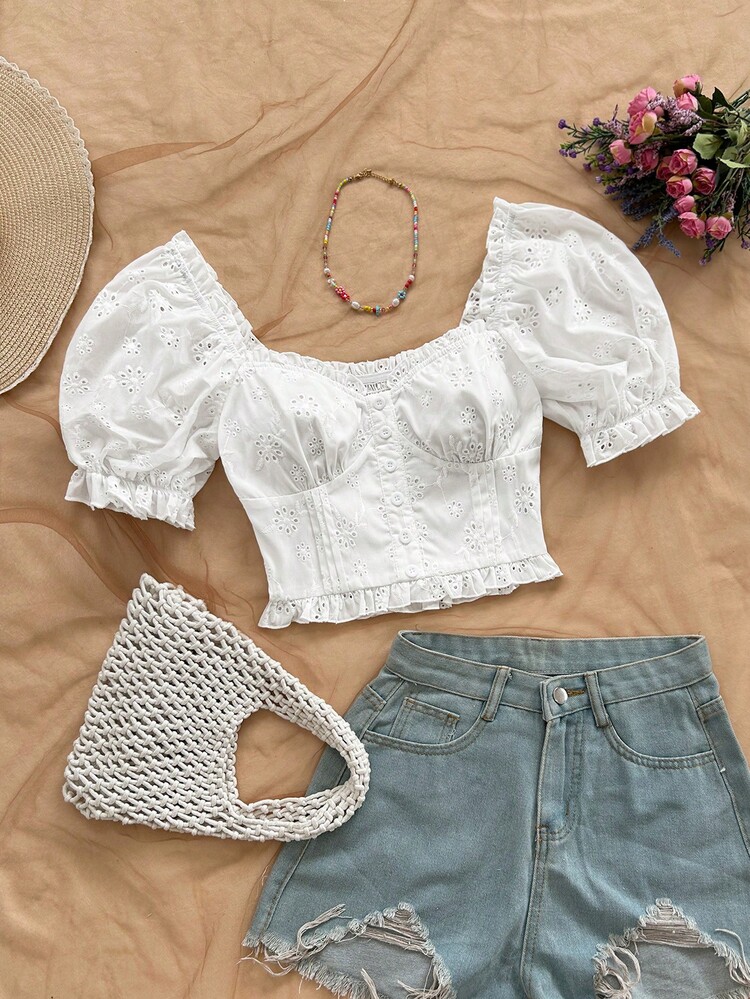 Soleia Women's Solid Color Short Puff Sleeve Fashionable Short Embroidered Blouse - White - View 1