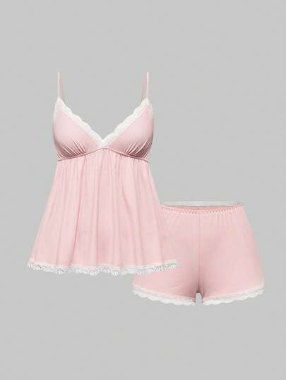 ROMWE Women's Ribbed Lace Camisole And Shorts Casual Pajama Set, For Valentine's Day