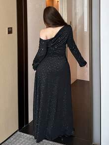 Vibekara 大码女装秋冬斜肩长袖收腰A字亮片连衣裙，优雅复古可爱派对度假连衣裙 - 黑色 - 查看 2