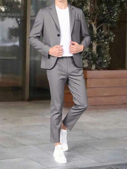 SHEIN 2 件套青少年男童夏季休闲学院风绅士装，纯色西装外套和松紧腰正装裤套装，适合生日派对、晚会、表演、婚礼