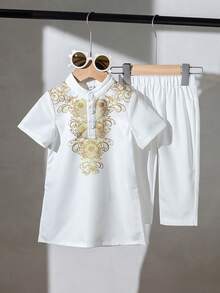 2pcs/Set Baby Boys Casual Short Sleeve White Robe & Pants Set, Robe With Slit Hem Design, Arabic Robe, Islamic Clothing, Kaftan, Saudi Arabian Attire, Boy Dress Robe, Basic Style Suitable For Spring, Summer, Autumn, Winter, Fit For 3 Months To 24 Months Baby Boys Baby Arabic Clothing Baby Boy Party Wear Arabic Dishdasha, Islamic Clothing, Kaftan, Saudi Arabian Outfit, Robe, Boys White Kurta, Boys White School Thobe, Boys Kurtas Baby Boy Traditional Clothes Baby Boy Traditional Outfit