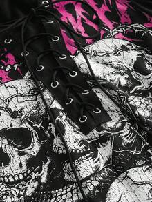 ROMWE Grunge Punk 朋克风女式街头骷髅印花荷叶边系带深V领T恤 - 黑色 - 查看 3