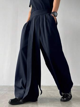 Manfinity Roghcode Men's Casual Solid Color Loose Fit Wide Leg Pants With Slant Pockets