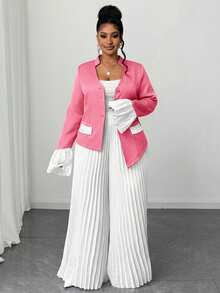 Maweii 2 pièces/Set Blazer ajusté à col en V et patchwork avec ourlet mouchoir et pantalon long plissé pour femmes, tenue de bureau élégante, grande taille