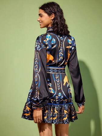 Felipe Marques 여성용 플로럴 & 돌고래 프린트 셔츠 칼라 긴소매 숏 캐주얼 드레스, 블랙, 가을, 겨울, 봄, 캐주얼, 휴일, 파티, 저녁에 적합