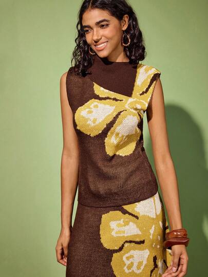 Felipe Marques Women's Floral Pattern Stand Collar Floral Sleeveless Sweater, Casual For Autumn/Winter And Party