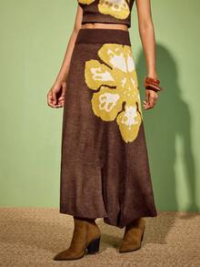 Felipe Marques Women's Floral Jacquard Knit A-Line Skirt, Suitable For Party And Casual Wear In Autumn And Winter - Brown - View 2