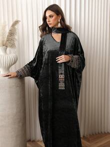 Al Najma 优雅丝绒刺绣拼接袖宽松休闲长款束腰上衣 - 黑色 - 查看 5