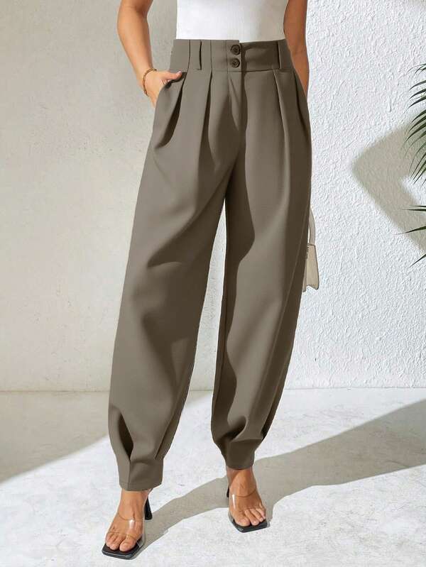 Xyvia Women's Elegant High Waist Double Button Decor Pleated Straight Leg Pants, Casual Suit Pants For Spring & Autumn