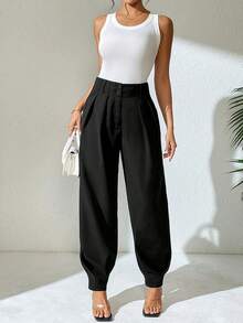 SHEIN PETITE Women's Elegant High-Waisted Black Straight-Leg Pants With Double-Button Decoration And Pleats, Suitable For Spring And Autumn