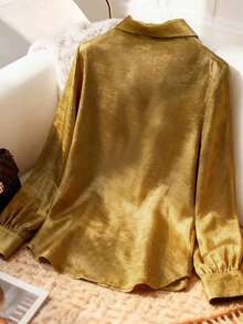 Franclia 女士春秋季纯色金属质感心形刺绣衬衫，精致心形刺绣，尖领单排扣设计，适合日常穿着、通勤、聚会等场合。 - 金色 - 查看 2