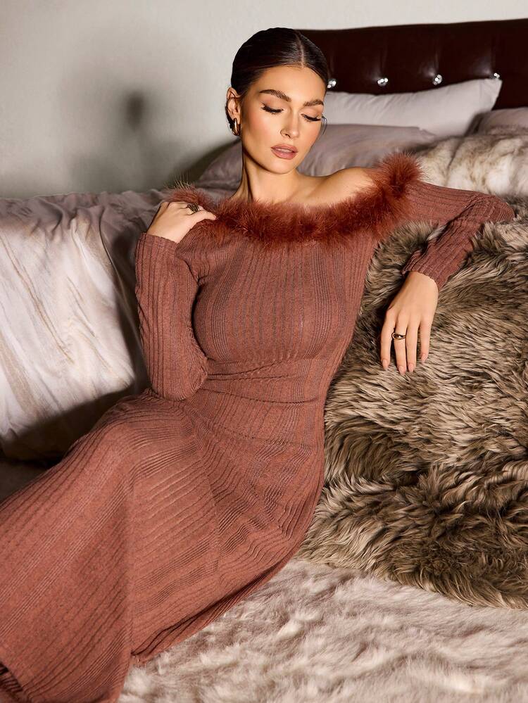 lounge brown dress Soft Ribbed Lounge Maxi Dress