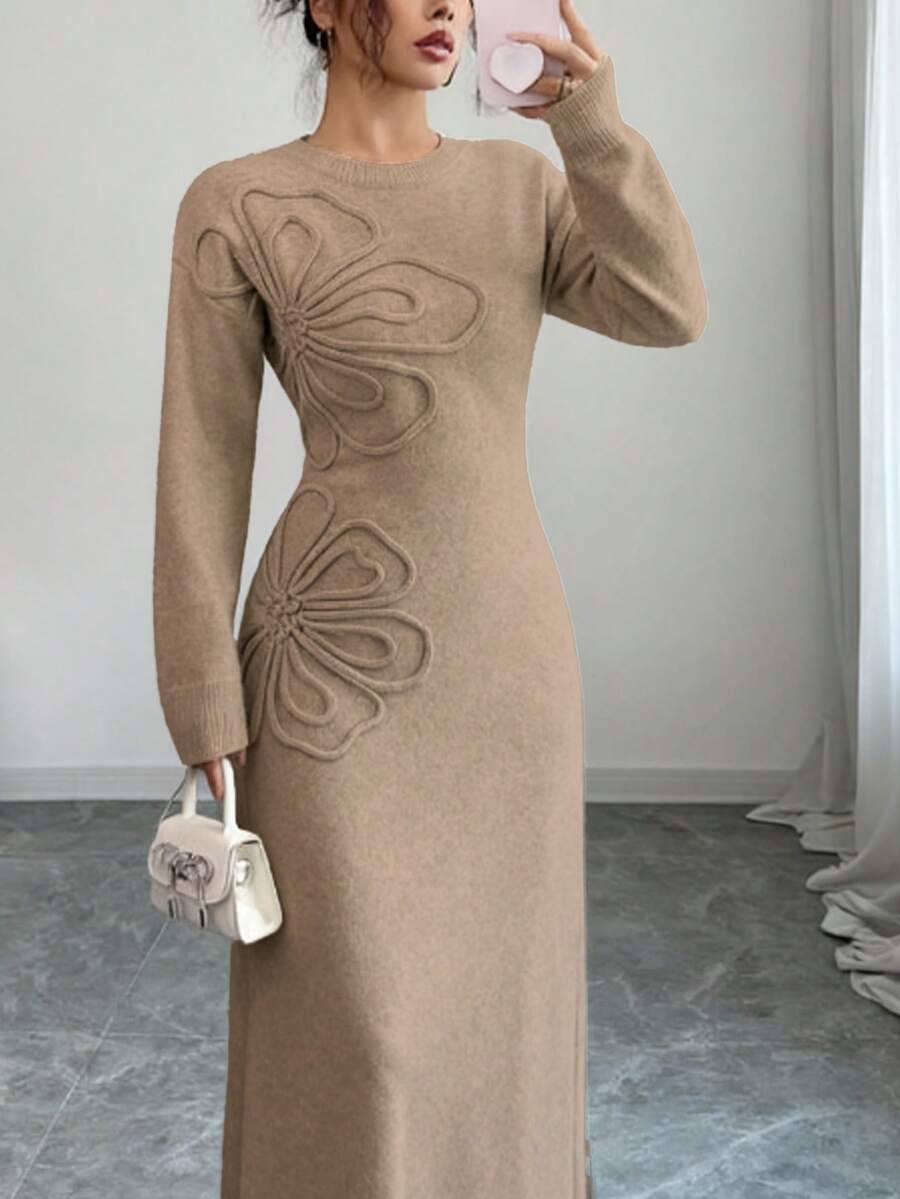 Selianne Đầm dệt kim ôm dáng cổ tròn tay dài họa tiết hoa trơn màu dành cho nữ, mùa thu/đông - Màu Khaki - Xem 1