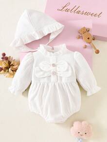 SHEIN 可爱蝴蝶结公主连体衣，适合女婴，新生儿可爱服装，100天适用，春秋季 - 米色 - 查看 2