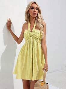 SHEIN VCAY Đầm Lộ Lưng Xù Buộc lại Dải chun màu trơn Giải trí - Màu vàng - Xem 5