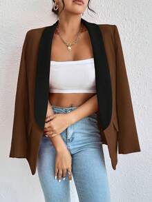 SHEIN Unity Women's Contrast Color Shawl Collar Pocket Business Formal Blazer - Brown - View 7