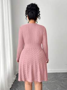 Elenzga Váy chữ A thắt nơ eo thời trang cỡ lớn, váy chui đầu dệt kim màu đỏ tía - Hồng - Xem 2