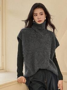 Dazy-Less 女士纯色高领蝙蝠袖短袖宽松休闲针织上衣，秋冬款 - 灰色 - 查看 6