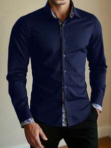 Manfinity Mode Men's Single-Breasted Casual/Business Long Sleeve Shirt - Navy Blue - View 4