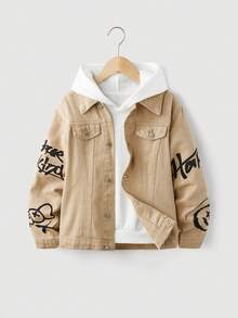 SHEIN 青少年男童两件套街头酷炫做旧涂鸦印花红色牛仔夹克和破洞磨边高弹力紧身牛仔裤套装，适合返校、万圣节和青少年男童秋季服装