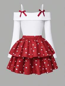 SHEIN Sparklyn 少女时尚优雅T恤套装，白色针织上衣搭配黑色梭织蛋糕裙，上衣饰有黑色蝴蝶结，裙子饰有珍珠。 - 酒紅色 - 查看 3