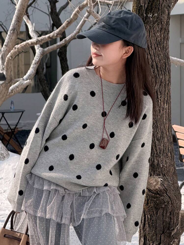 Tween Girls Round Neck Polka Dot Knit Sweater, Fall