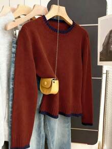 Resyla 休闲拼色圆领毛衣，秋冬 - 酒紅色 - 查看 3